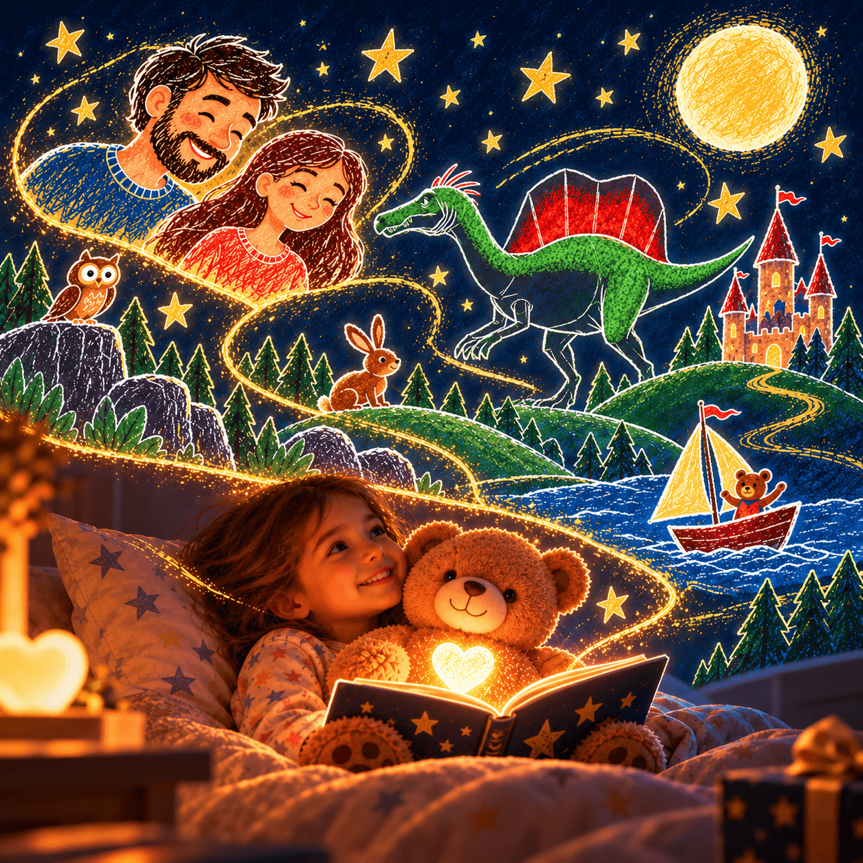 A child in bed hugs a plush bear with a glowing heart while a bedtime story comes to life above, with the faces of two loved ones among the stars.